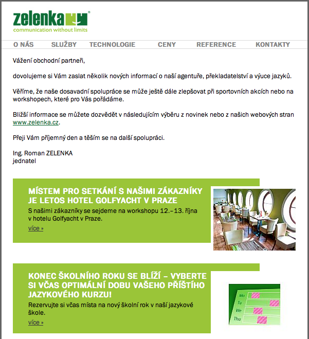 ZELENKA - Newsletter v české verzi